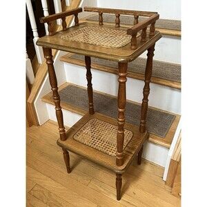 Vintage 1970’s Retro Wooden Two-Tier Plant Stand With Cane Shelves Boho Chic ✨